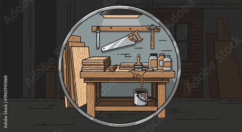 A woodworking workbench with tools, wood planks, and finishing supplies