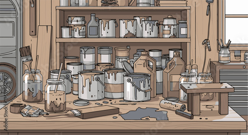 A workbench filled with paint cans, brushes, rollers, and jars of liquid
