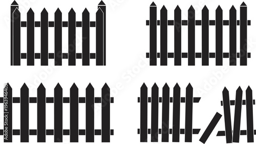 Cad drawing flat vector illustration of wooden picket fence silhouettes featuring various styles and a broken fence section for residential garden landscaping and security.