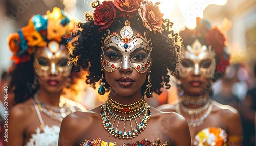 Three women in ornate masks and elaborate floral headpieces, facing forward in a daytime street scene, bokeh background