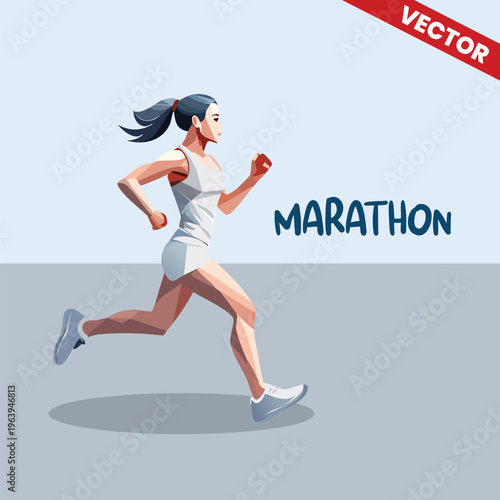 Young Woman Marathon Runner In White Sportswear Vector. Female Athlete Sprinting For Race And Fitness Concept Illustration. Professional Jogging Activity Flat Geometric Graphic Design.