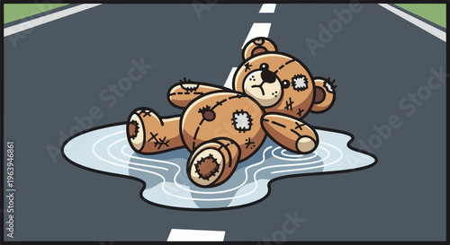 A worn teddy bear lies discarded in a puddle on a deserted road