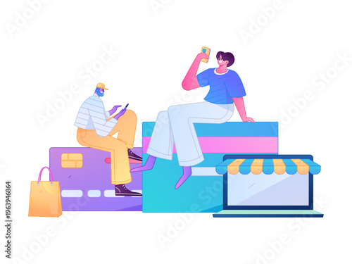 Holiday shopping people doing e-commerce online shopping flat vector concept operation hand drawn illustration
