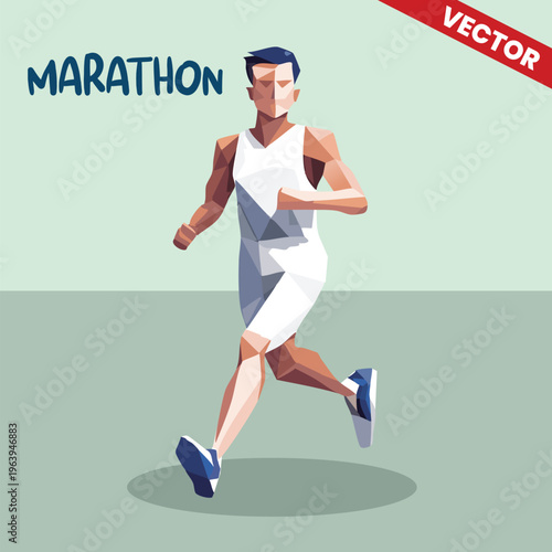 Professional Marathon Runner Man Jogging In Green Background Vector. Male Athlete Training For Racing Competition Concept. Fitness And Endurance Sport Illustration. Flat Style Geometric Art.