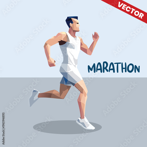 Professional Male Marathon Runner In White Jersey Vector. Sportsman Character Running Forward For Competition. Athletic Training And Fitness Concept Illustration. Minimalist Flat Vector Design.