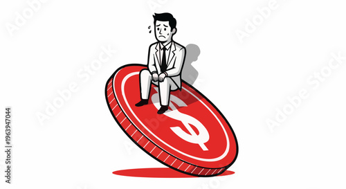 A worried man in a suit sits precariously on a large red coin with a dollar sign