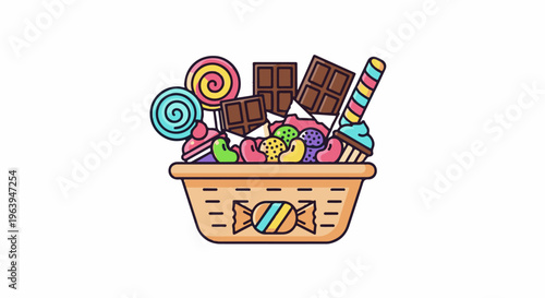 A woven basket overflowing with colorful assorted candies, lollipops, and chocolate pieces