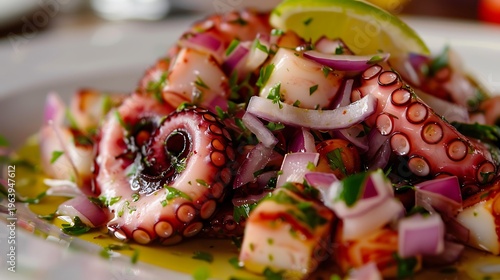 Vibrant octopus ceviche features bright red onion and a fresh lime wedge garnish.