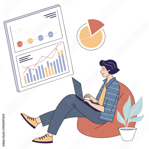 Man sitting on bean bag chair with laptop and graphs