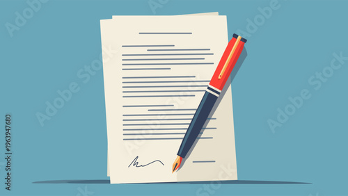 Signed business document with fountain pen vector illustration banner