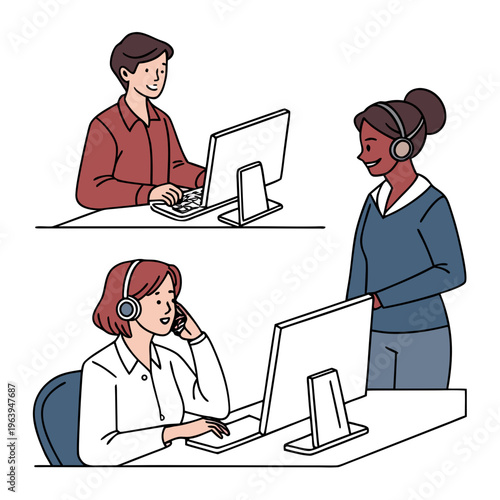 People working at office desks with computers workspace