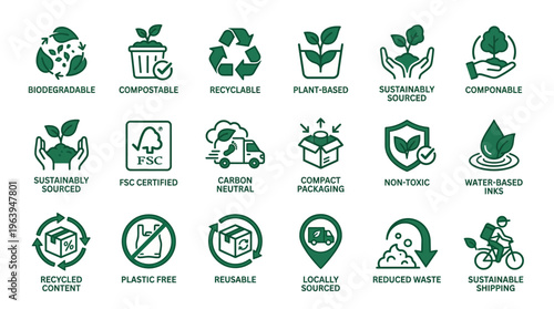 Illustrative vector icon set promoting sustainable living, environmental consciousness, and eco-friendly solutions for a greener planet and responsible future