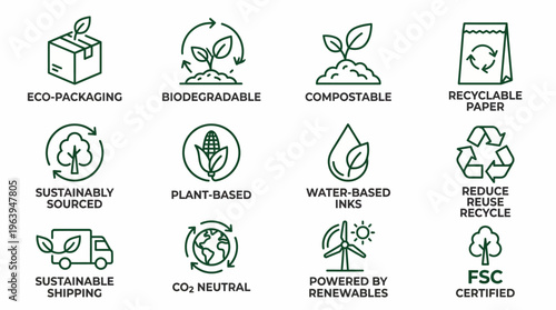 Set of icons representing eco-friendly and sustainable packaging, shipping, and product attributes