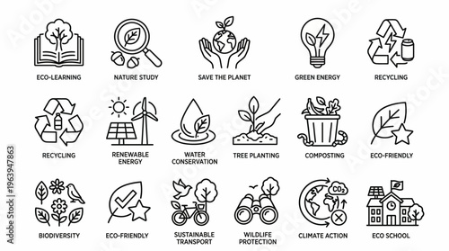 Eco-friendly living icons representing sustainability, nature conservation, and green energy initiatives for a healthier planet