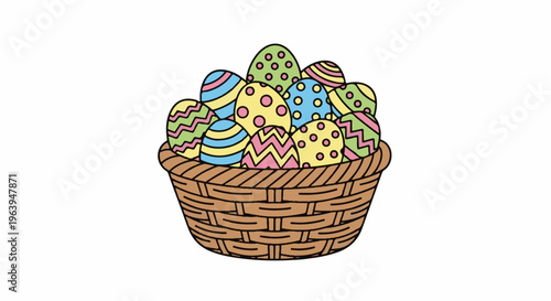 A woven basket overflows with vibrantly decorated Easter eggs