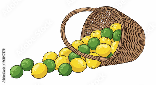 A woven basket spills lemons and limes onto a white background