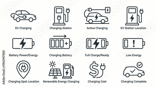 Vector line icons detailing electric vehicle charging concepts battery status, stations, renewable energy, cost, and active charging for green transport
