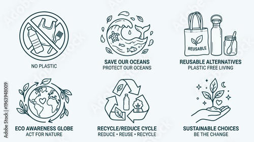 Eco-friendly line art icon set for environmental protection and sustainable living. Promoting zero waste, ocean conservation, and responsible recycling practices