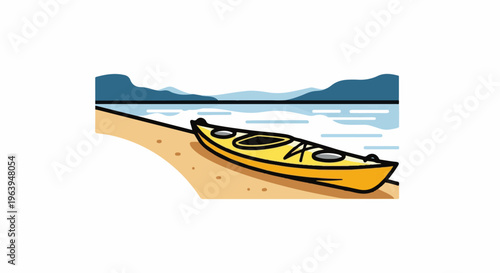 A yellow kayak rests on a sandy beach by blue water and distant hills