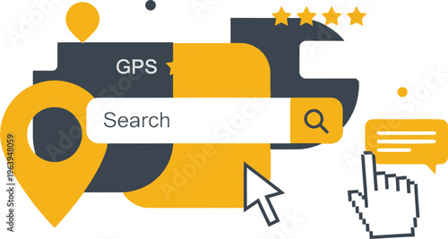 GPS Search & Location Services: An illustrative composition representing GPS navigation with a search bar, location pin, star rating, a speech bubble, and a cursor.