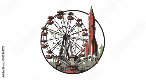 Abandoned amusement park with overgrown Ferris wheel and rocket