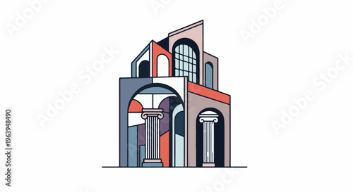 Abstract architectural structure with columns, arches and windows