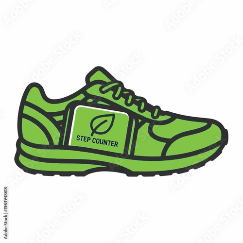 A green sneaker with a step counter device on the side is shown.