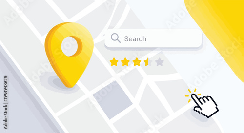 Digital Map with location pin, search bar and rating: An artistic representation of a digital map, complete with a prominent location pin, search bar, and star rating system.