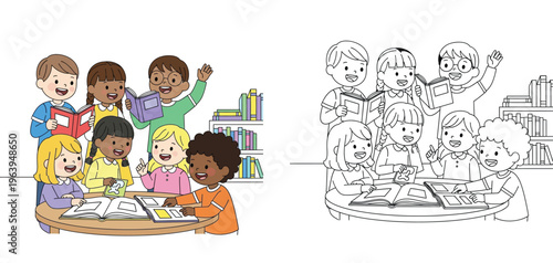 Diverse Group of Children Reading Books Together in Library Illustration and Coloring Page Outline for Kids Education Literacy and School Activities Set