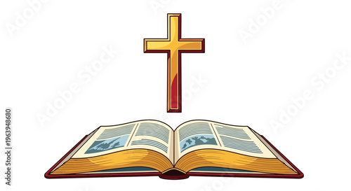 A powerful symbolic representation of Christian faith, featuring an open holy Bible with golden pages and a radiant golden cross floating above it, embodying spiritual guidance and divine scripture