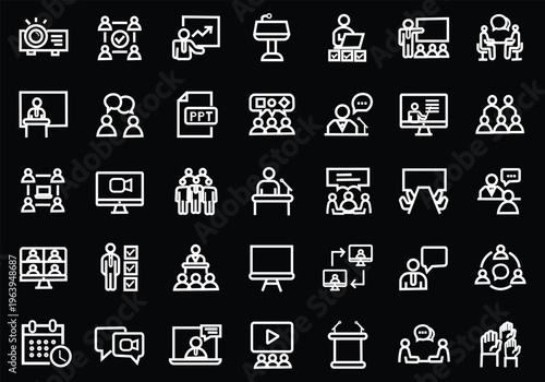 Conference and Seminar icon set. Editable line icons. Vector illustration.