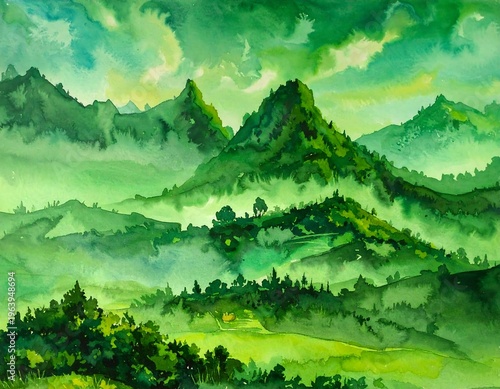Watercolor painting depicts lush green mountain range with hazy atmosphere. Soft, blended hues and light create a serene landscape