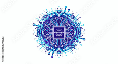 Abstract circular digital circuit board illustration with blue and purple tones