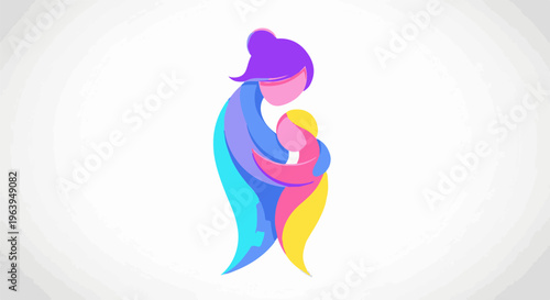 Abstract colorful figures of a mother holding a child in a loving embrace