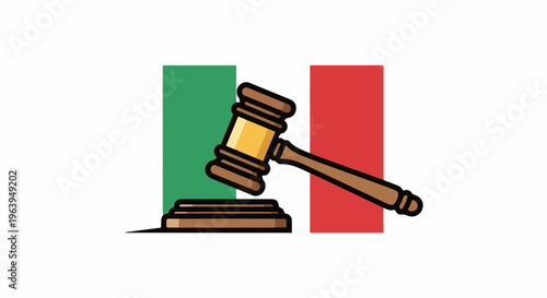 A wooden gavel rests on a block, set against the green, white, and red colors of a flag