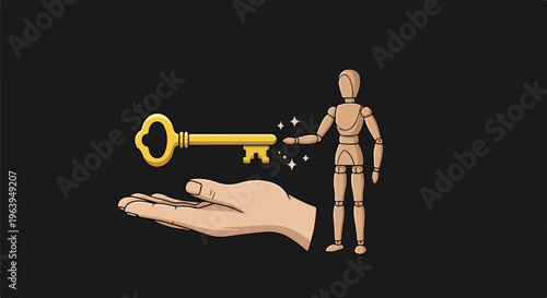 A wooden mannequin receives a golden key from an open hand