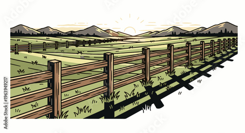 A wooden fence lines a grassy field under a setting sun and distant mountains
