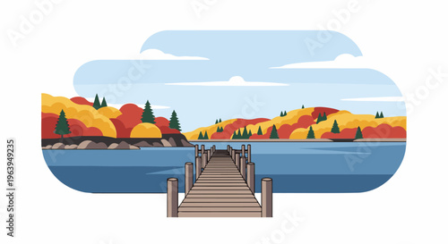 A wooden pier juts into a calm lake, leading towards autumn-colored hills