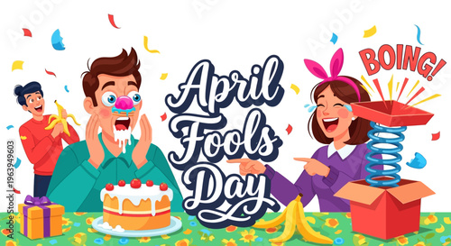 Illustration of a funny April Fools' Day scene with a man and woman surrounded by prank gifts and a cake with colorful confetti.