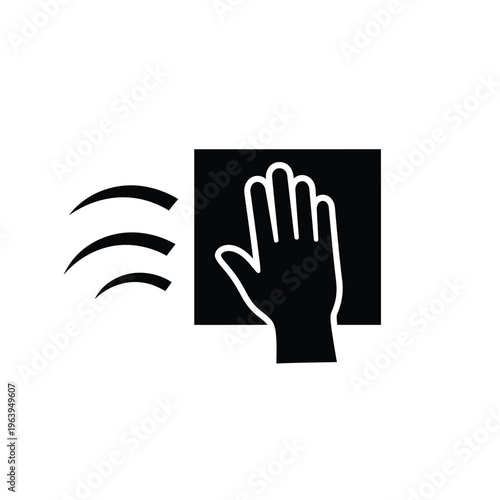 Illustration of vector hand waving goodbye with motion lines in a simple black and white design