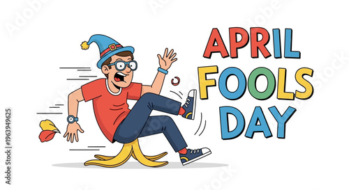 A cartoon man in a jester hat slipping on a banana peel with a surprised expression on April Fools' Day, conveying a funny prank day mood with colorful illustrations and humor.