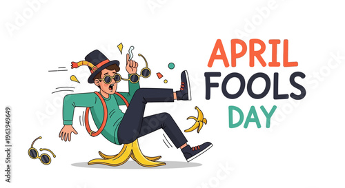 A cartoon man wearing a green shirt and black pants slipping on a banana peel on April Fools' Day with a comical expression and motion lines, conveying a funny prank day mood with colorful
