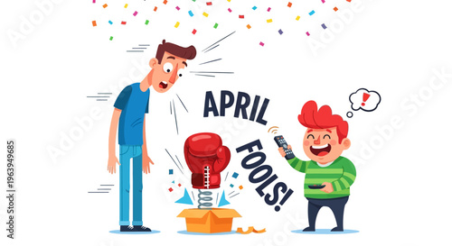 Illustration of a man surprised by a prank on April Fools' Day with a fish jumping out of a box and confetti in the air, conveying a funny and humorous mood.