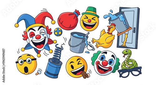 Colorful illustrations of various emojis and a clown for April Fools' Day design and prank concepts with humor and jokes on a white background.