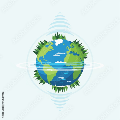 The Earth is surrounded by green leaves and blue waves in a natural environment from a global viewpoint.