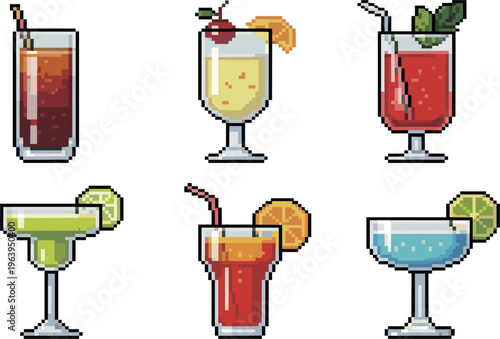 Pixel art cocktail drinks vector illustration, colorful beverages with fruits glasses in retro 8bit style collection