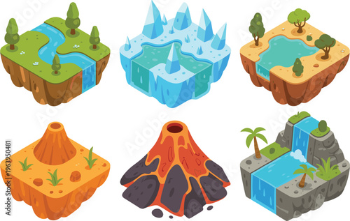 Fantasy floating islands set vector illustration, surreal landscapes with desert ice forest and alien terrain design collection