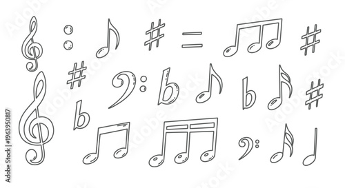 Music notes and symbols on white background