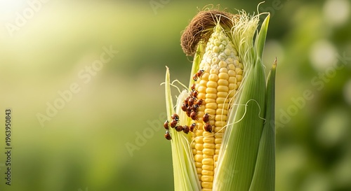 Close up of corn ear infested by insects