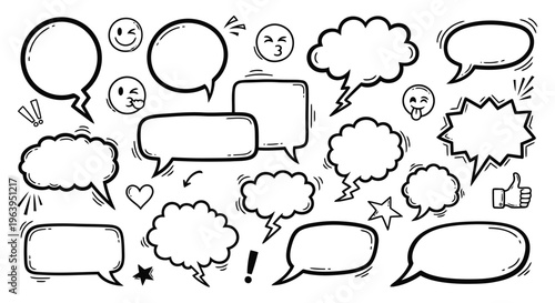 Collection of various comic speech bubbles and emoticons
